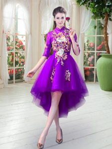 Purple Half Sleeves High Low Appliques Zipper Prom Evening Gown