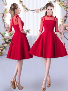 Wonderful A-line Bridesmaid Dress Red High-neck Satin Half Sleeves Knee Length Zipper