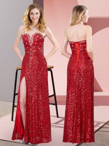 Elegant Red Column/Sheath Sequined Sweetheart Sleeveless Beading and Lace Floor Length Lace Up