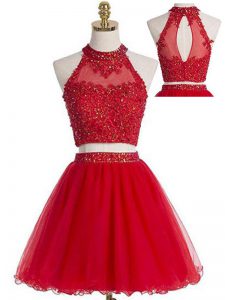Mini Length Two Pieces Sleeveless Red Prom Gown Zipper