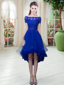 Short Sleeves High Low Appliques Lace Up Homecoming Dress with Royal Blue