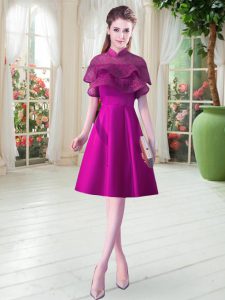 Knee Length Purple Prom Dresses Satin Cap Sleeves Beading
