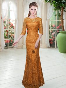 Fashionable Orange Scoop Zipper Lace Prom Gown Half Sleeves