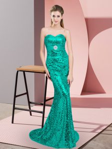 Custom Made Turquoise Column/Sheath Beading Evening Wear Lace Up Sequined Sleeveless