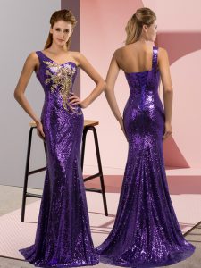 Purple Lace Up One Shoulder Beading and Appliques Sequined Sleeveless Sweep Train