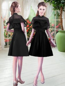 Popular Black A-line Satin High-neck Short Sleeves Lace Knee Length Zipper Evening Dress