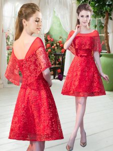 Simple Beading Evening Dress Red Lace Up Short Sleeves Mini Length