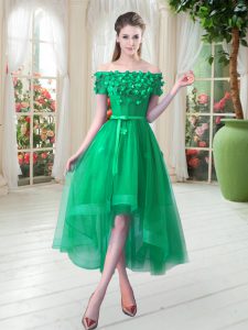 Green Short Sleeves Tulle Lace Up Prom Dress for Prom and Party