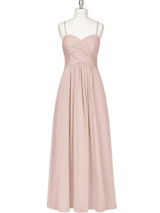 Low Price Baby Pink Chiffon Zipper Spaghetti Straps Sleeveless Floor Length Prom Gown Ruching