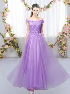 Fitting Floor Length Empire Sleeveless Lavender Bridesmaid Dress Lace Up