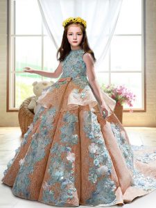Peach Sleeveless Appliques Backless Little Girls Pageant Dress Wholesale