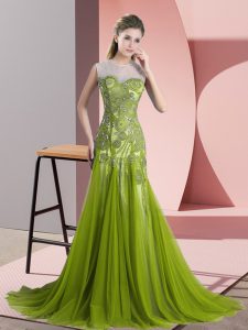 Olive Green Scoop Neckline Beading and Appliques Dress for Prom Sleeveless Backless