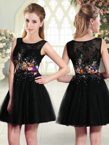 Customized Black A-line Scoop Sleeveless Tulle Mini Length Side Zipper Beading and Embroidery Prom Party Dress