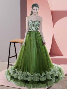 Edgy Beading and Appliques Evening Dress Green Lace Up Sleeveless Sweep Train