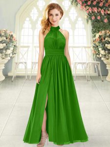 Exquisite Halter Top Sleeveless Ankle Length Ruching Green Chiffon