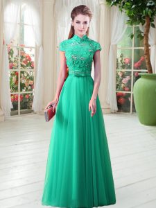 Charming Cap Sleeves Floor Length Appliques Lace Up Evening Dress with Green