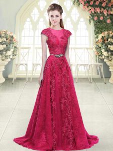 Affordable Pink A-line Tulle Scoop Cap Sleeves Beading and Lace and Appliques Zipper Evening Dress Sweep Train