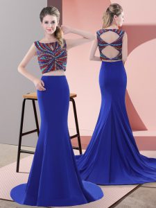 Lace Up Evening Dress Royal Blue for Prom and Party with Beading Sweep Train