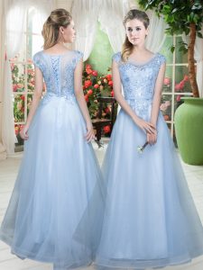 Light Blue Cap Sleeves Floor Length Lace Lace Up Prom Evening Gown