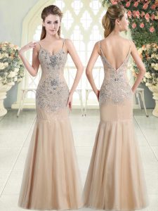 Champagne Sleeveless Floor Length Beading Zipper Prom Party Dress