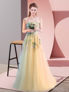 Floor Length Lace Up Evening Party Dresses Light Yellow for Prom and Party with Appliques