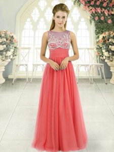 Sleeveless Tulle Floor Length Side Zipper Prom Evening Gown in Watermelon Red with Beading