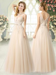 Free and Easy Champagne V-neck Neckline Appliques Prom Evening Gown Sleeveless Zipper