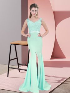 Apple Green Sleeveless Chiffon Sweep Train Zipper Evening Wear for Prom and Party and Military Ball