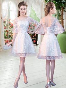 Superior White A-line Beading Prom Dresses Lace Up Lace Half Sleeves Knee Length