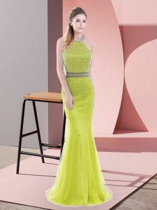 Gorgeous Yellow Green Backless Prom Evening Gown Beading Sleeveless Sweep Train