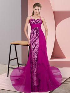 Lovely Fuchsia Chiffon Zipper Spaghetti Straps Sleeveless Formal Evening Gowns Sweep Train Beading and Lace