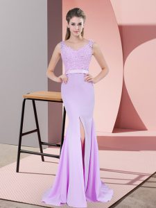 Fancy Lilac Zipper V-neck Beading and Lace Juniors Evening Dress Chiffon Sleeveless Sweep Train