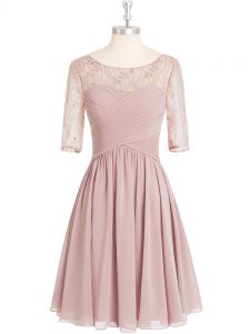 Luxurious Pink Chiffon Zipper Scoop Half Sleeves Knee Length Prom Gown Lace and Ruching