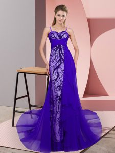 Purple Spaghetti Straps Neckline Beading and Lace Evening Dress Sleeveless Zipper
