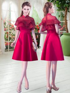Hot Selling High-neck Short Sleeves Dress for Prom Knee Length Lace Red Satin