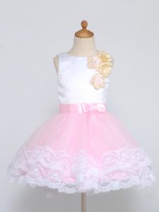 Fabulous Mini Length Zipper Flower Girl Dresses for Less Pink And White for Wedding Party with Lace and Appliques