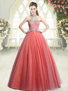 Stylish Watermelon Red Zipper Halter Top Beading Prom Gown Tulle Sleeveless