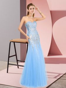 Blue Sleeveless Beading Floor Length Prom Dresses