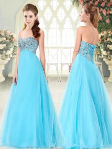 Eye-catching Floor Length Lace Up Aqua Blue for Prom and Party with Beading