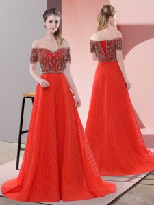 Charming Red Short Sleeves Sweep Train Beading and Lace Prom Evening Gown