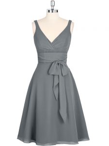 Grey Zipper Prom Dress Ruching Sleeveless Mini Length