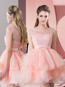 Pink Prom Evening Gown Scoop Sleeveless Lace Up
