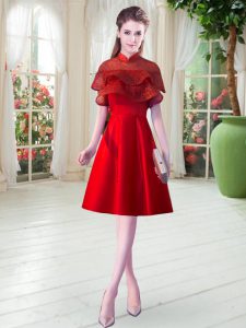 Red A-line High-neck Cap Sleeves Satin Knee Length Zipper Lace