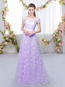 Lavender Cap Sleeves Tulle Lace Up Dama Dress for Quinceanera for Prom and Party and Wedding Party