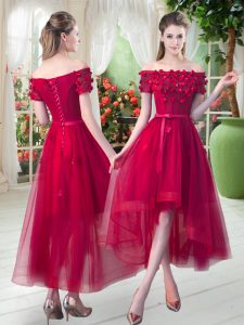 Eye-catching Red Off The Shoulder Lace Up Appliques Prom Dress Short Sleeves