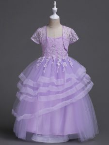 Delicate Lavender Zipper Spaghetti Straps Appliques and Ruffled Layers Flower Girl Dress Tulle Sleeveless
