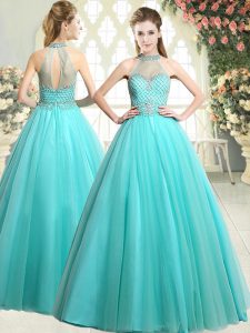 Amazing Sleeveless Floor Length Beading Zipper Prom Evening Gown with Aqua Blue
