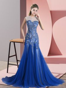 Deluxe Sleeveless Brush Train Beading and Appliques Backless Prom Party Dress