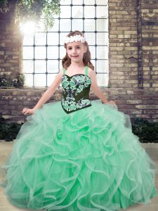 Amazing Sleeveless Floor Length Embroidery and Ruffles Lace Up Girls Pageant Dresses with Apple Green