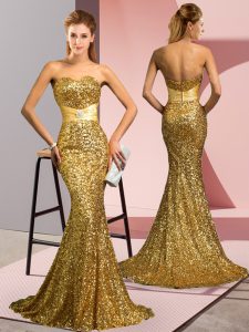 Gold Prom and Party and Military Ball with Beading Sweetheart Sleeveless Sweep Train Zipper